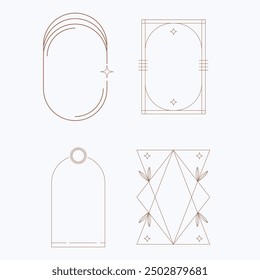 Aesthetic frame shape. Outline minimal graphic elements with stars. Abstract boho arches with sparkles. Trendy geometric templates set for poster and story. Vector illustration