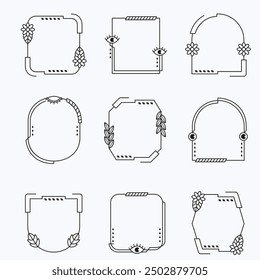 Aesthetic frame shape. Outline minimal graphic elements with stars. Abstract boho arches with sparkles. Trendy geometric templates set for poster and story. Vector illustration