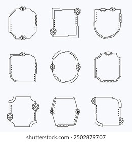 Aesthetic frame shape. Outline minimal graphic elements with stars. Abstract boho arches with sparkles. Trendy geometric templates set for poster and story. Vector illustration