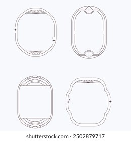 Aesthetic frame shape. Outline minimal graphic elements with stars. Abstract boho arches with sparkles. Trendy geometric templates set for poster and story. Vector illustration