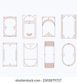 Aesthetic frame shape. Outline minimal graphic elements with stars. Abstract boho arches with sparkles. Trendy geometric templates set for poster and story. Vector illustration