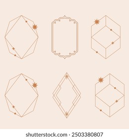 Aesthetic frame shape. Outline minimal graphic elements with stars. Abstract boho arches with sparkles. Trendy geometric templates set for poster and story. Vector illustration