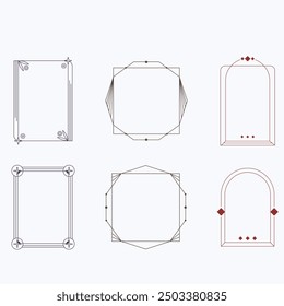 Aesthetic frame shape. Outline minimal graphic elements with stars. Abstract boho arches with sparkles. Trendy geometric templates set for poster and story. Vector illustration