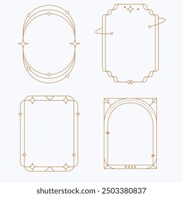 Aesthetic frame shape. Outline minimal graphic elements with stars. Abstract boho arches with sparkles. Trendy geometric templates set for poster and story. Vector illustration