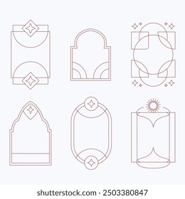 Aesthetic frame shape. Outline minimal graphic elements with stars. Abstract boho arches with sparkles. Trendy geometric templates set for poster and story. Vector illustration