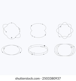 Aesthetic frame shape. Outline minimal graphic elements with stars. Abstract boho arches with sparkles. Trendy geometric templates set for poster and story. Vector illustration