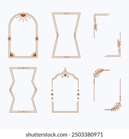 Aesthetic frame shape. Outline minimal graphic elements with stars. Abstract boho arches with sparkles. Trendy geometric templates set for poster and story. Vector illustration