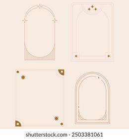 Aesthetic frame shape. Outline minimal graphic elements with stars. Abstract boho arches with sparkles. Trendy geometric templates set for poster and story. Vector illustration