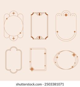 Aesthetic frame shape. Outline minimal graphic elements with stars. Abstract boho arches with sparkles. Trendy geometric templates set for poster and story. Vector illustration