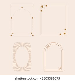 Aesthetic frame shape. Outline minimal graphic elements with stars. Abstract boho arches with sparkles. Trendy geometric templates set for poster and story. Vector illustration