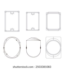 Aesthetic frame shape. Outline minimal graphic elements with stars. Abstract boho arches with sparkles. Trendy geometric templates set for poster and story. Vector illustration
