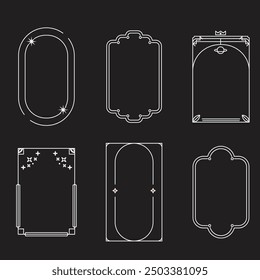 Aesthetic frame shape. Outline minimal graphic elements with stars. Abstract boho arches with sparkles. Trendy geometric templates set for poster and story. Vector illustration