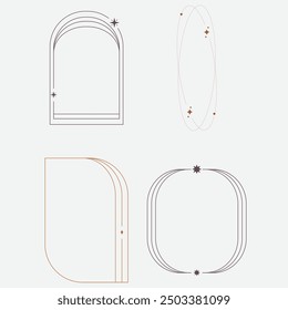 Aesthetic frame shape. Outline minimal graphic elements with stars. Abstract boho arches with sparkles. Trendy geometric templates set for poster and story. Vector illustration