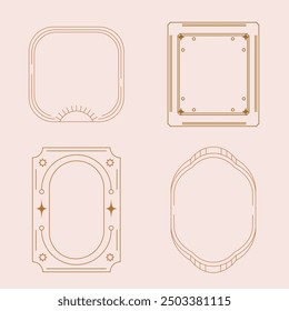 Aesthetic frame shape. Outline minimal graphic elements with stars. Abstract boho arches with sparkles. Trendy geometric templates set for poster and story. Vector illustration