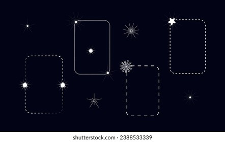 Aesthetic frame with stars and flashes. Set of futuristic frames, decorative elements, design for posters, banners. Simple aesthetic borders with star, y2k. White, decorative, line frames. Vector.