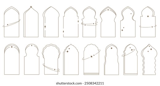 Aesthetic frames for ramadan islamic templates. Outline minimal graphic elements with stars.Boho arches with sparkles. Vector set