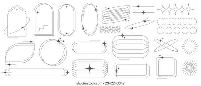 Marcos estéticos y formas con estrellas. Diseño gráfico mínimo de contorno y2k con destellos. Resumen de las fronteras de arcos minimalistas. Se han establecido plantillas geométricas de boho de moda. Ilustración del vector