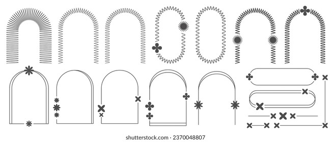 Marcos estéticos y formas con estrellas. Diseño gráfico mínimo de contorno y2k con destellos. Resumen de las fronteras de arcos minimalistas. Se han establecido plantillas geométricas de boho de moda. Ilustración del vector