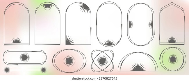 Aesthetic frames and shapes with stars. Minimal y2k outline graphic design with sparkles. Abstract minimalistic arches borders. Trendy boho geometric templates set. Vector illustration