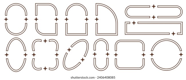 Aesthetic frames and shapes with stars. Minimal y2k outline graphic design with sparkles. Abstract arches borders. Trendy boho geometric templates set. Vector illustration