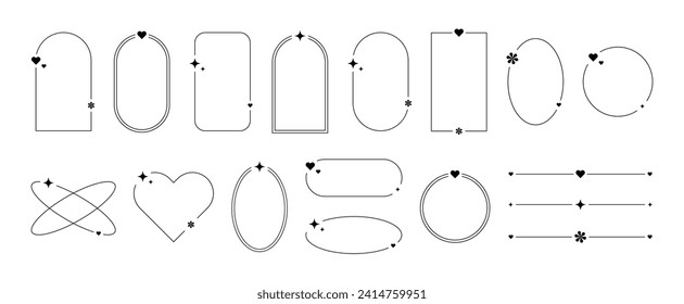 Marcos estéticos con elementos y2k y aura. Bordes con decoraciones con corazones, flores y chispas. Colección de ilustraciones vectoriales aisladas en un fondo blanco.