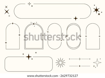 Aesthetic frames with y2k elements and aura. Modern minimalist aesthetic line elements, trendy linear frames with stars, arch frames, geometric forms. Decorative set of vector frames in boho style