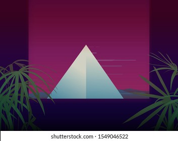 Aesthetic future classic space pyramid, tropical plants and mountain with TV scan line - glitch effects, violet tropic vaporwave background - nostalgic feelings