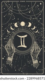 Aesthetic Gemini zodiac card for stories, astrological horoscope, boho line design, gold engraving on black background with stars. Mystical vector illustration.