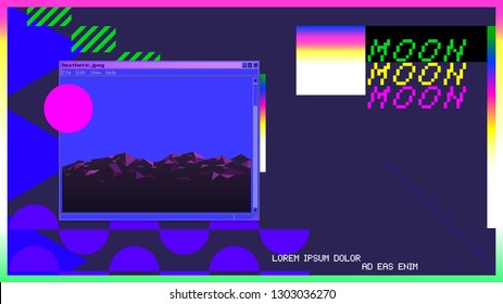 Aesthetic geometric elements, retro bold violet neon color and space landscape scene in windows OS style frame