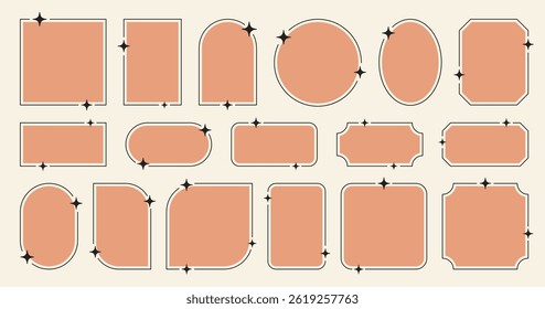 Aesthetic geometric frames with stars. Star retro line border set, round, squared, arch forms