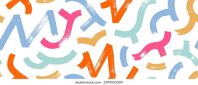 Aesthetic geometric seamless banner design with curved wavy lines. Hand drawn colorful abstract brush strokes, brutal contemporary figures, curved bold lines seamless pattern. Vector squiggles.