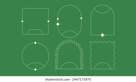 Aesthetic geometric simple shapes in trendy futuristic style with stars. Minimalistic y2k linear frames. Brutal forms circle, oval, square, arch. Vector illustration for retro design.