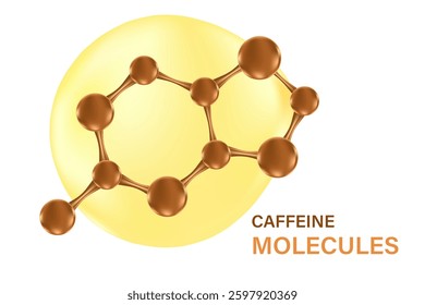 Aesthetic glowing brown 3D molecule icon, isolated element, transparent background. coffee extract serum formula, yellow gold cell decoration. Beauty treatment nutrition skincare science.