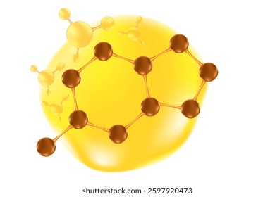 Aesthetic glowing brown 3D molecule icon, isolated element, transparent background. coffee extract serum formula, yellow gold cell decoration. Beauty treatment nutrition skincare science.