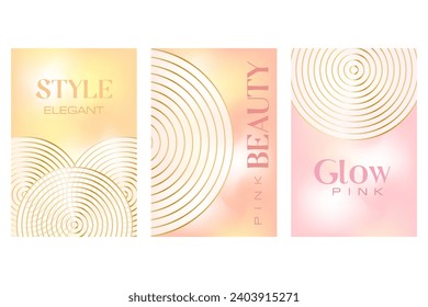 Elementos de círculos dorados estéticos con fondo degradado de color rosa claro, amarillo y melocotón. Elegante afiche preparado para el festival o la fiesta corporativa. Planta de belleza de lujo con líneas doradas brillantes.
