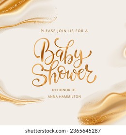 Aesthetic gold golden baby shower greeting card poster glitter elegant shine background 3d render beauty display vector