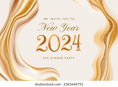 Aesthetic gold New year 2024 golden greeting card poster glitter elegant shine background 3d render beauty display vector