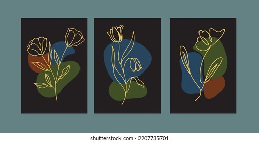 Aesthetic Gold Wallpaper. Black Green, Blue And Golden Abstract Background.  Leaves Wall Art Design With Dark Blue And Green Color, Shiny Golden Light Texture. Modern Art Wallpaper.