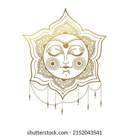 Aesthetic golden boho sun with ornaments and decorations. Vector hand drawing in slavic style, icon isolated on white background.