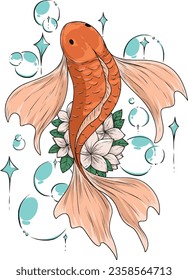 Aesthetic goldfish illustration in the water with jasmine flower