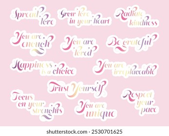 Aesthetic gradient self-love stickers with words of encouragement and validation. Inspiring text stickers for planners, notebooks, bullet journals, or as digital stickers