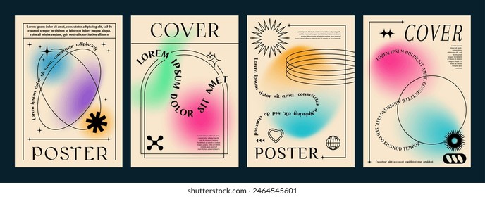 Aesthetic gradient y2k posters with abstract blurred shapes, line frames and elements. Vector trendy graphics of outline star, heart, sun and sparkle, arch and circle on pastel gradient background set