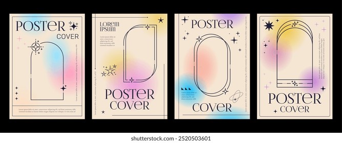 Aesthetic gradient Y2K posters with frames and stars, vector cover templates or backgrounds. Pastel color gradient posters with Y2K aesthetic geometric minimal arches and circles or stars shapes