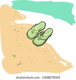 aesthetic green sandals on beach water and sand.