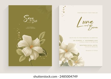 Plantilla de invitación de Boda verde estética con arreglo floral blanco de Antiguas