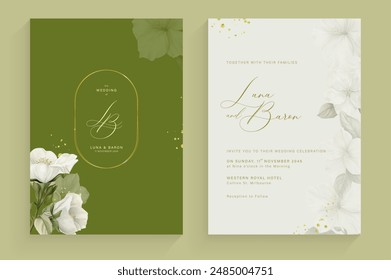 Aesthetic Green Wedding Invitation Template with Vintage White Flower Arrangement