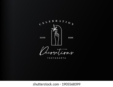 Aesthetic hand botanic logo design. Vector illustration of hand holding nature botanic. Modern vintage icon design template with line art style.