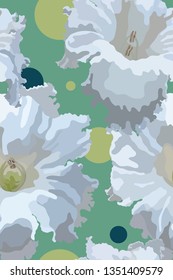 Aesthetic hand draw flowers (Dolichandrone - bignonias), pastel fresh green retro vintage seamless pattern