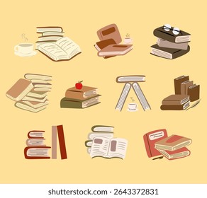 Aesthetic hand drawn illustration set of book piles in soft colors, perfect for cozy themed designs, reading concepts, libraries, and educational visuals.