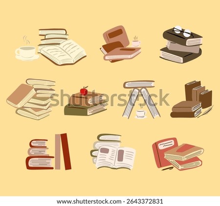 Aesthetic hand drawn illustration set of book piles in soft colors, perfect for cozy themed designs, reading concepts, libraries, and educational visuals.